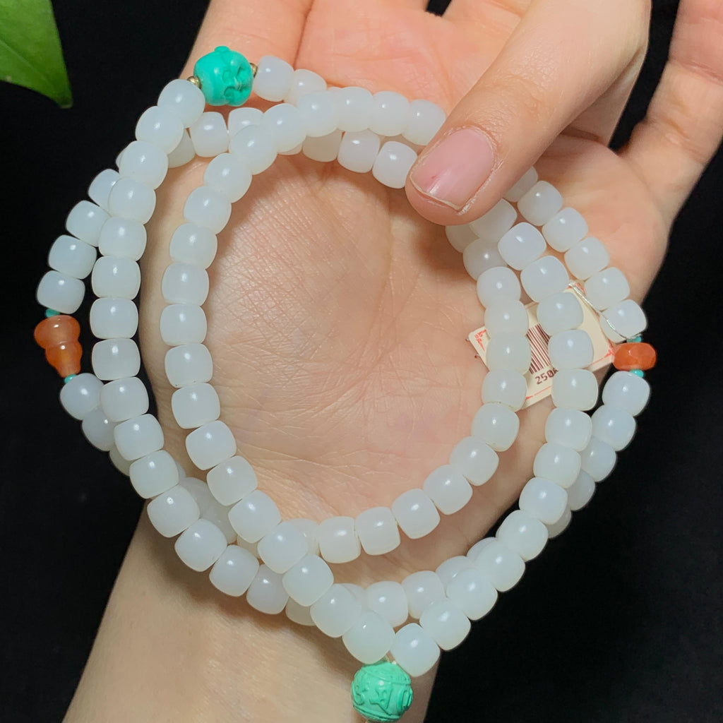 收藏级和田山料羊脂白玉108颗老型珠项链（63.8g）