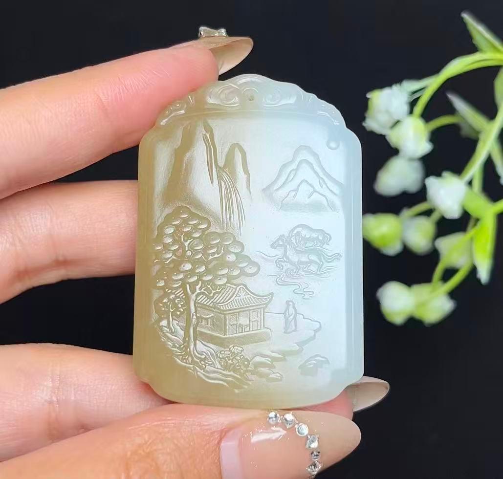 和田玉糖白羊脂白玉武财神关公山水牌（47.2g）