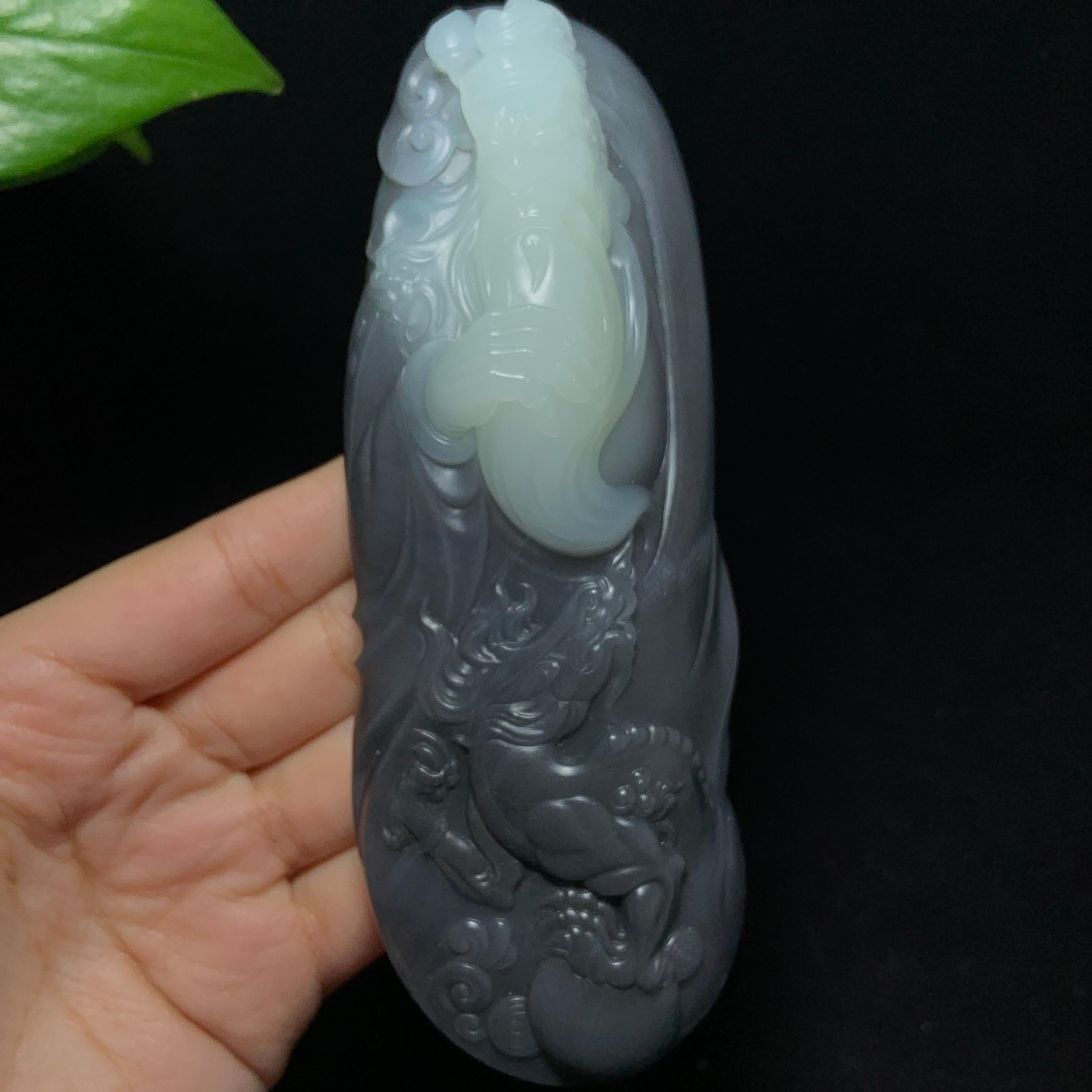 收藏传承级和田籽料青花御龙关公手把件（300.0g）