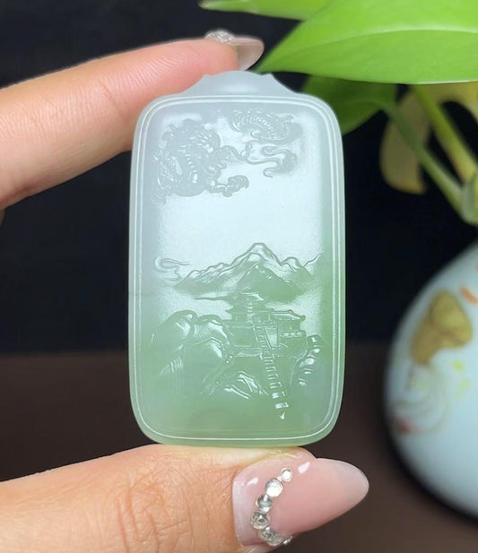 和田玉翠玉龙牌山水（43.1g）