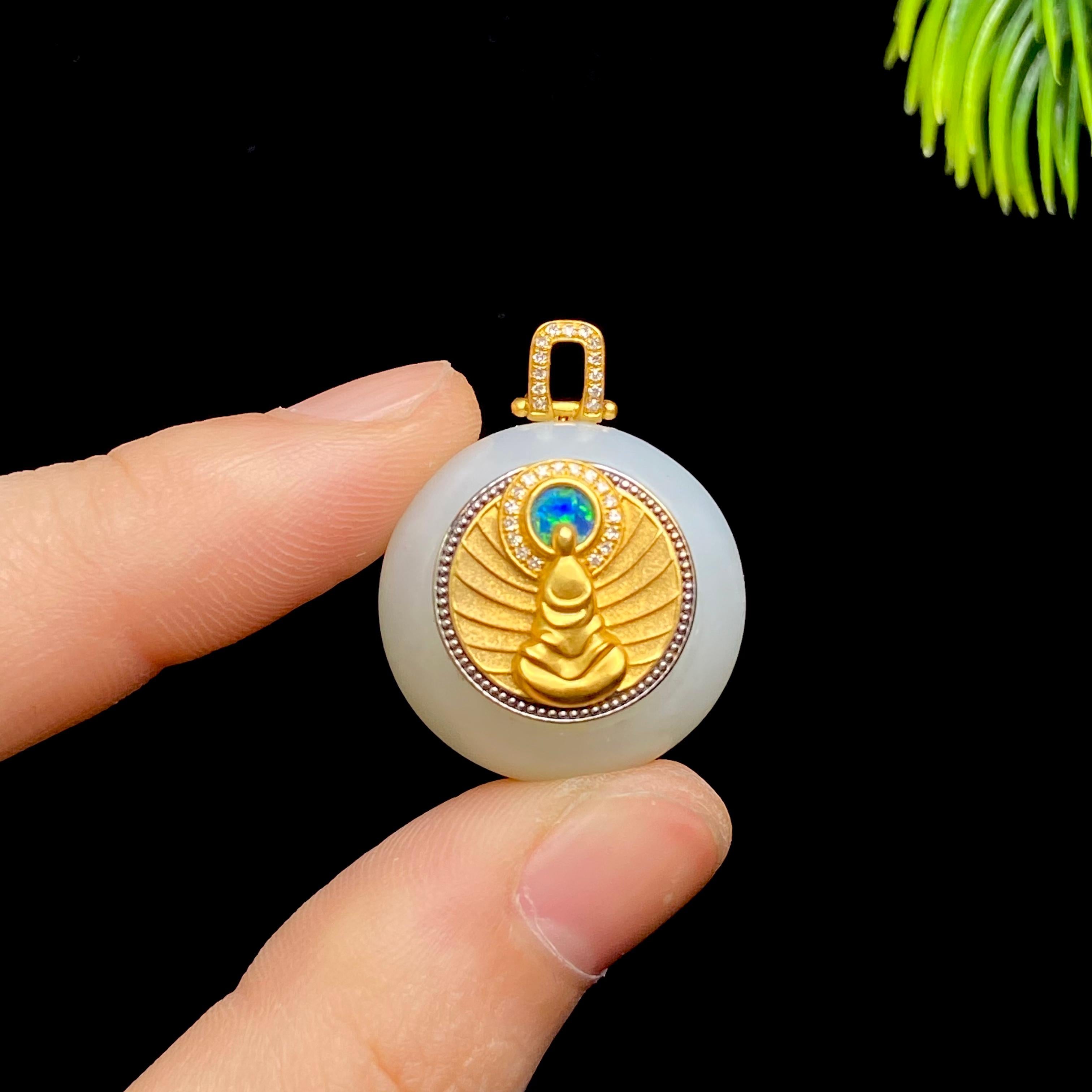 和田玉18K镶金白玉钻石吊坠01002072（14.5g）