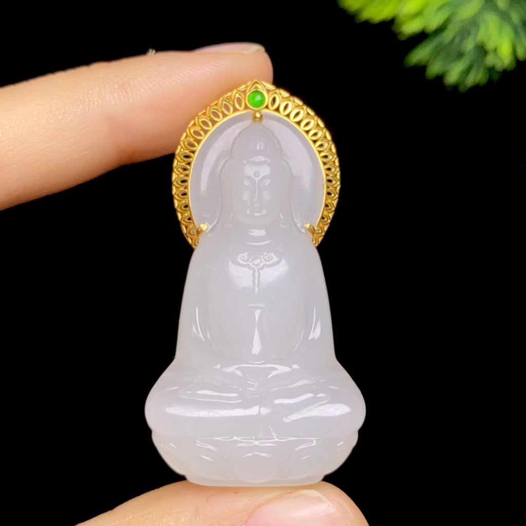 秒杀和田玉18k金白玉观音挂件2603090051（14.5g）