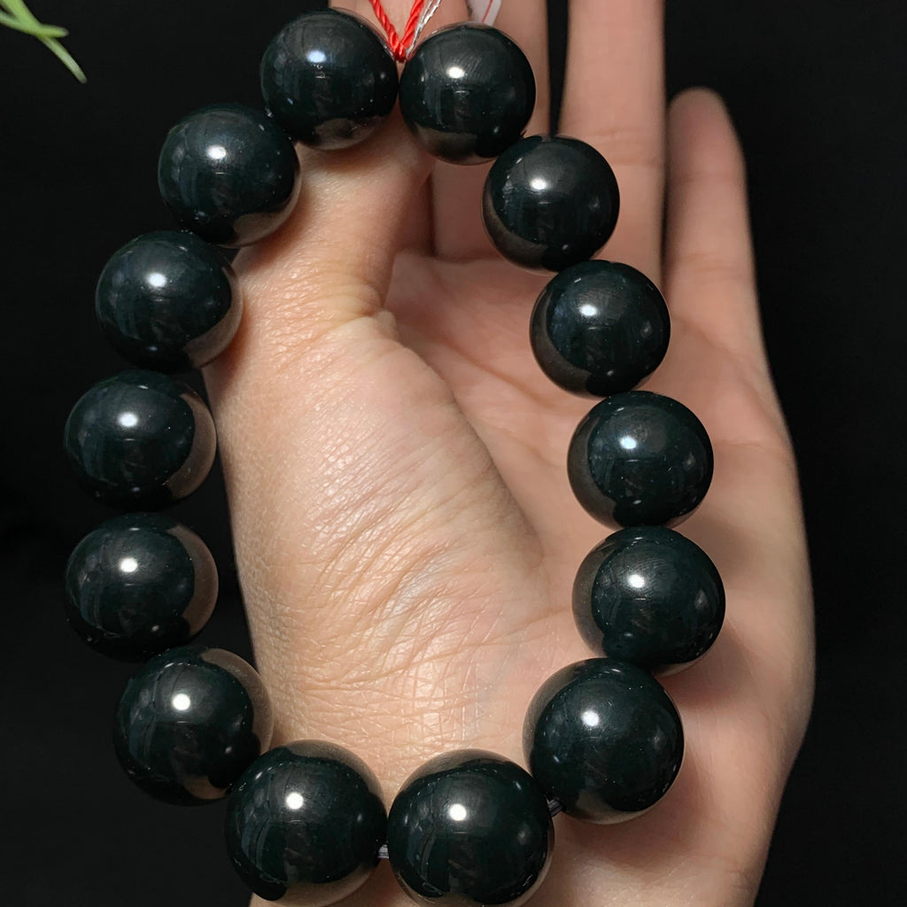 高品质和田籽料黑青圆珠大手串（90.8g）