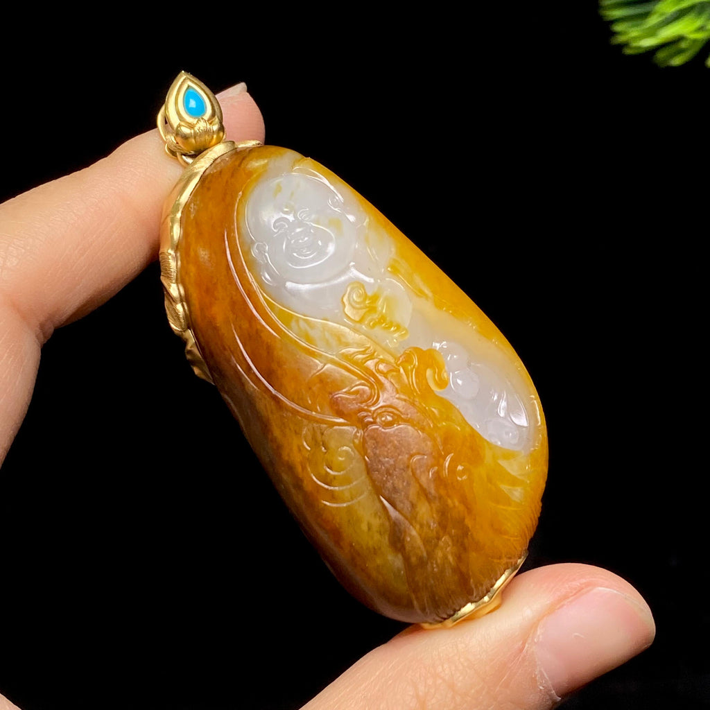 和田玉籽料18K金佛公（66.7g）
