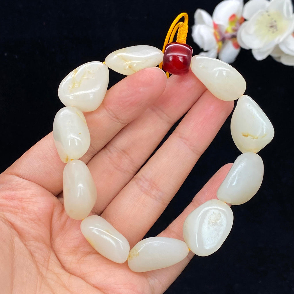 和田玉白玉带黄皮籽料【精品手串】（62.7g）