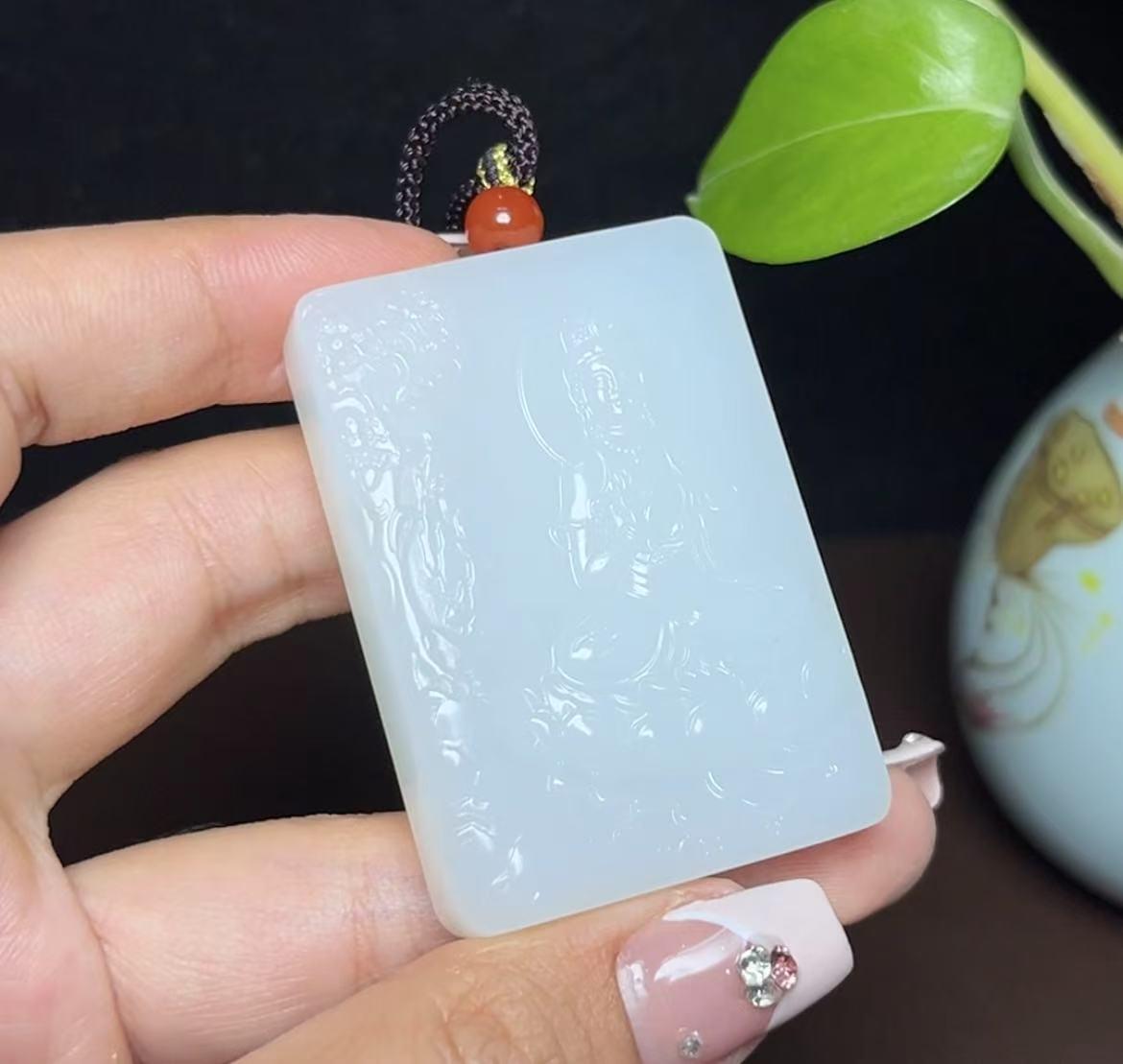 和田羊脂玉观音山水牌（60.7g）