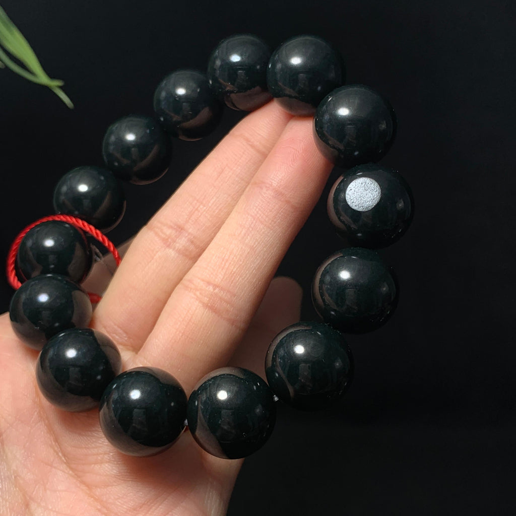 高品质和田籽料黑青圆珠大手串（90.8g）