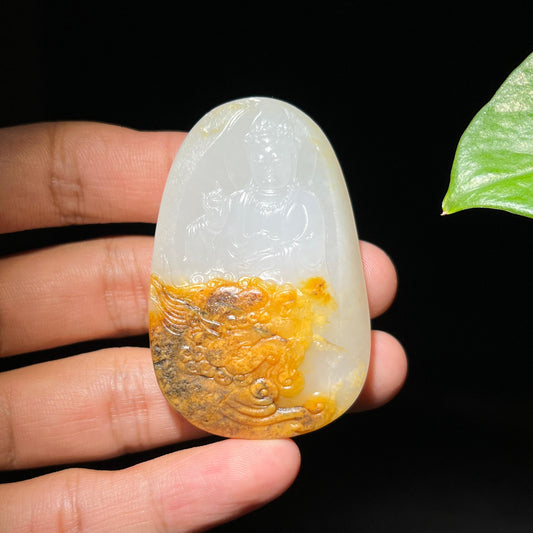 和田玉籽料黄沁皮文殊观音牌子（44.5g）