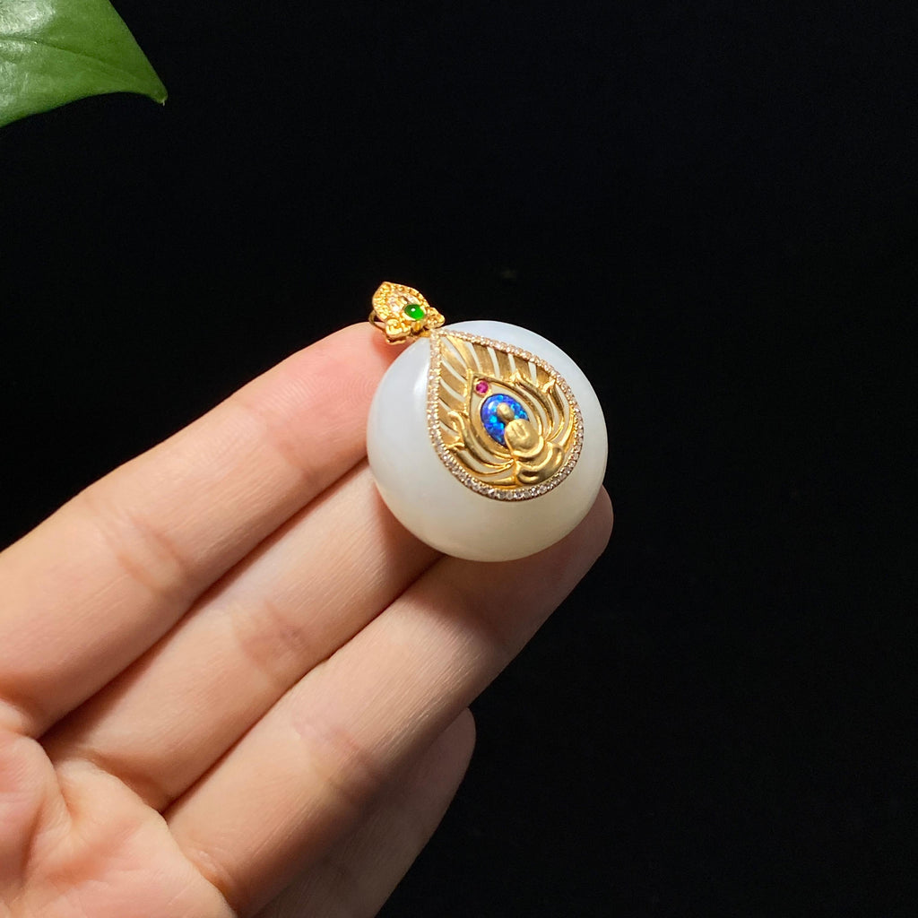 精品和田羊脂白玉金镶嵌平安扣（20.0g）