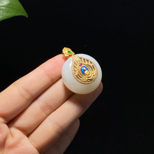 精品和田羊脂白玉金镶嵌平安扣（20.0g）