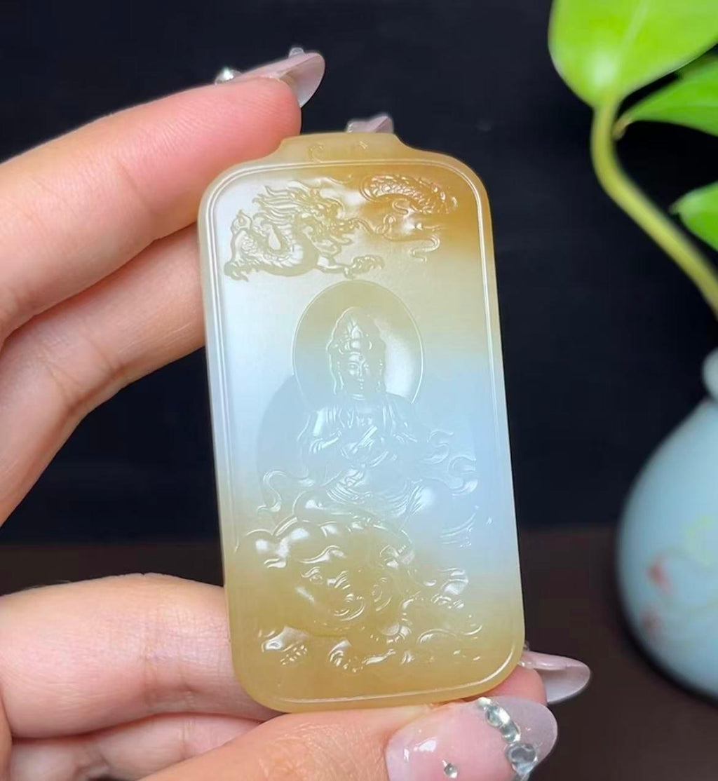 新疆和田玉且末天地黄金糖羊脂玉普贤菩萨（51.4g）