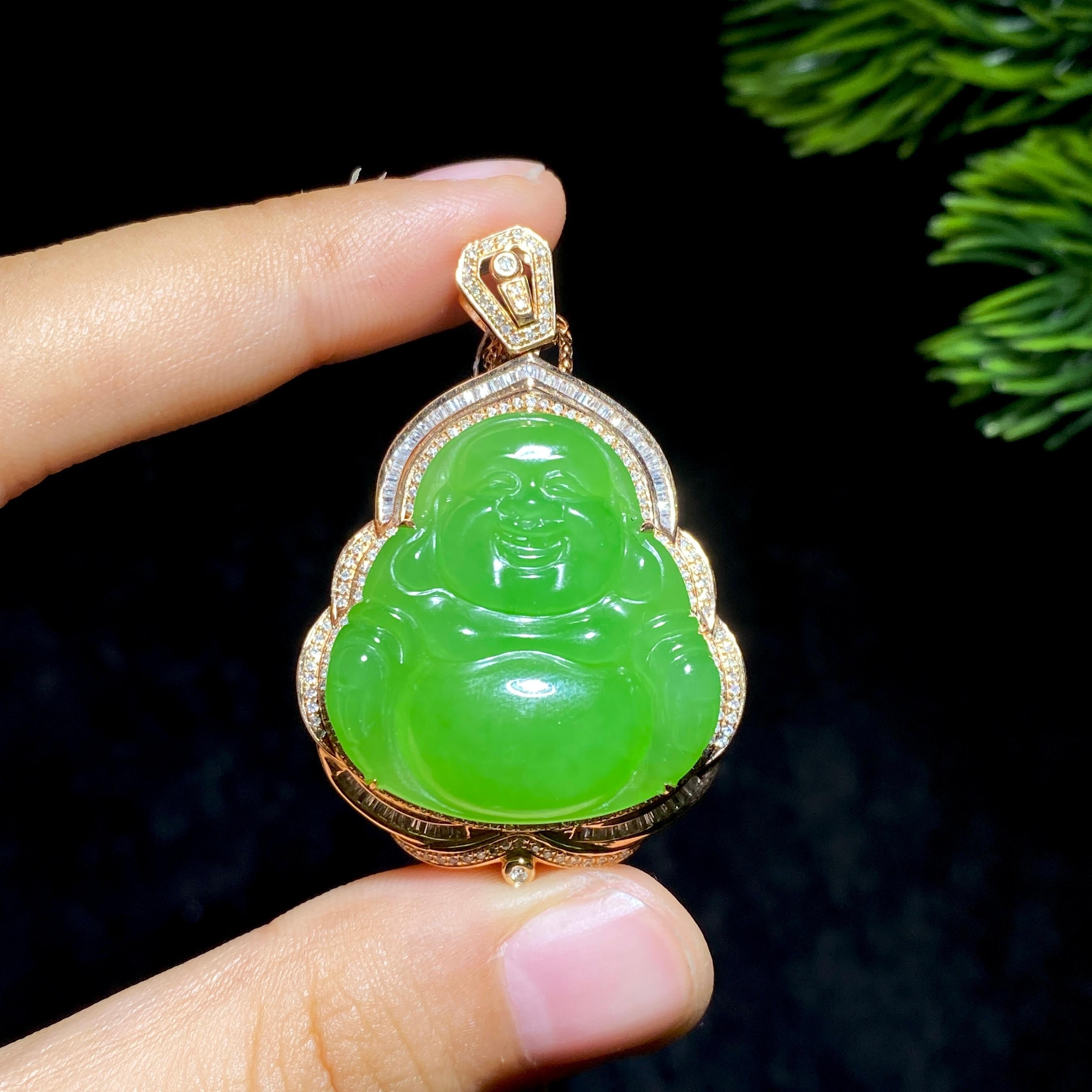 和田玉18k金苹果绿佛公钻石项链（17.2g）