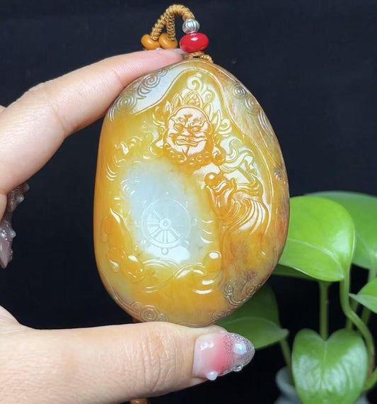 和田玉红沁金包金籽料黄财神大挂件手把件（105.4g）