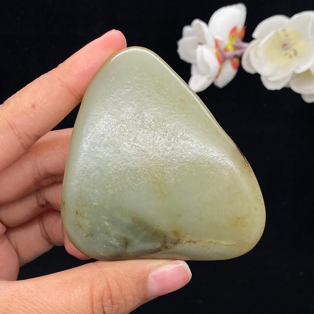 和田玉洒金皮带翠籽料手把件（115.8g）