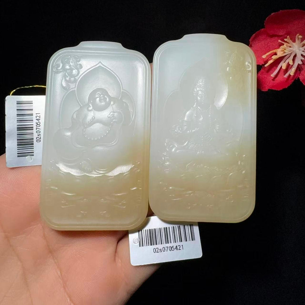 和田玉糖白观音佛挂件对牌（52.1g）