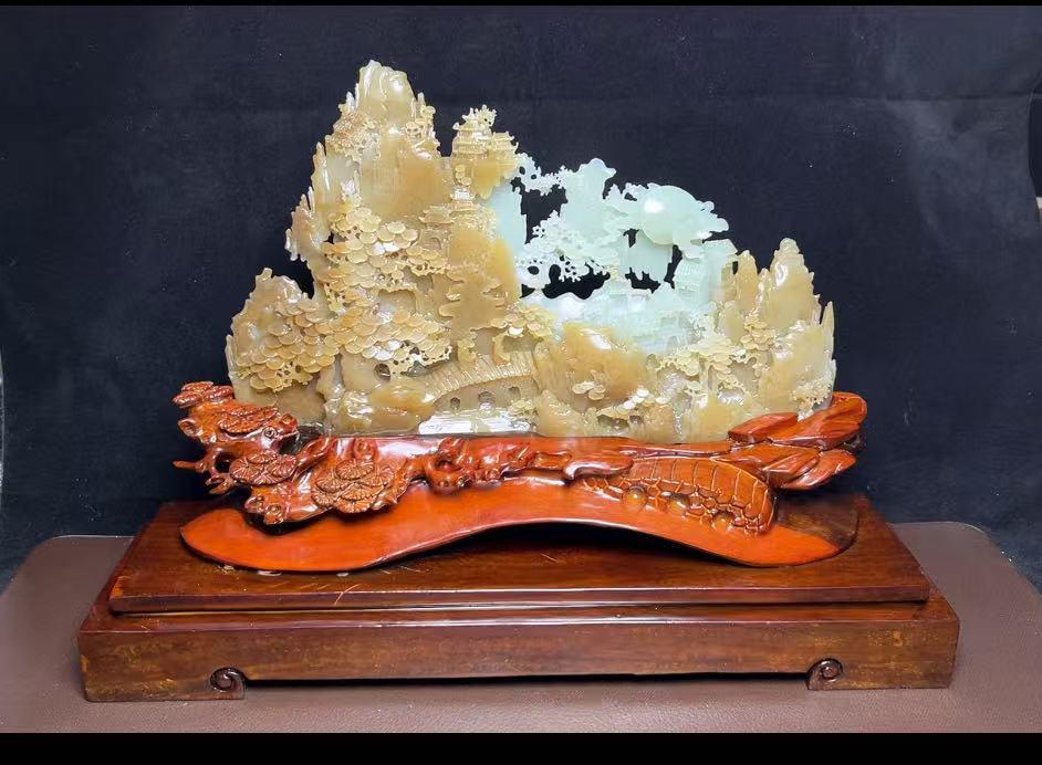 中国古董 骨董 和田玉 青玉 山石擺件 希少品 【仙境】 中国80年代 中国古董 骨董 和田玉 青玉 山石擺件 希少品 【仙境】 中国80