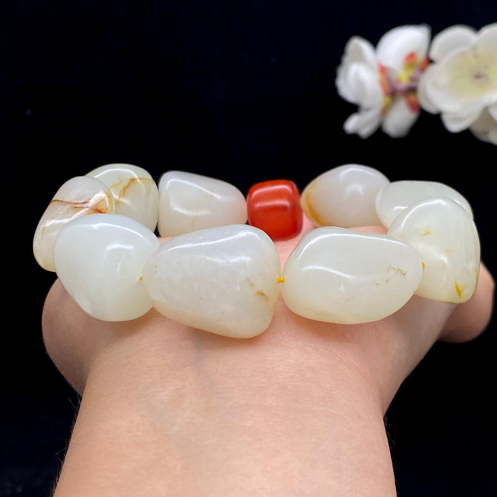 和田玉白玉带洒金皮籽料【精品手串】（96.9g）
