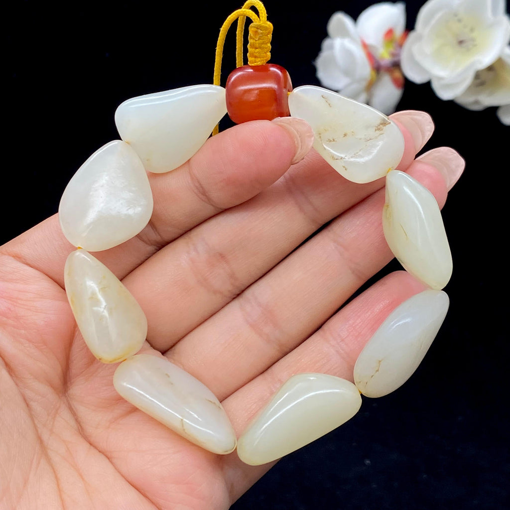 和田玉白玉带黄皮籽料【精品手串】（54.1g）
