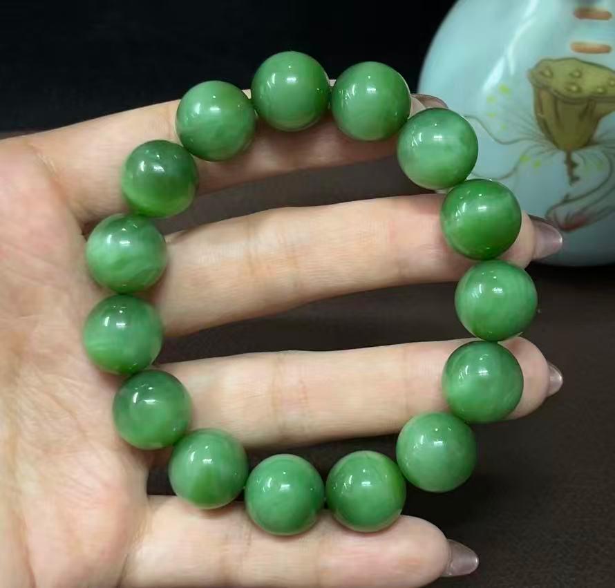 和田玉碧玉猫眼圆珠手串（63.2g）