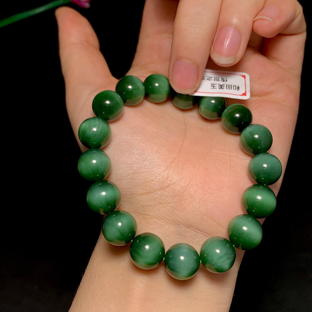 高品质碧玉黑猫眼圆珠手串（47.0g）