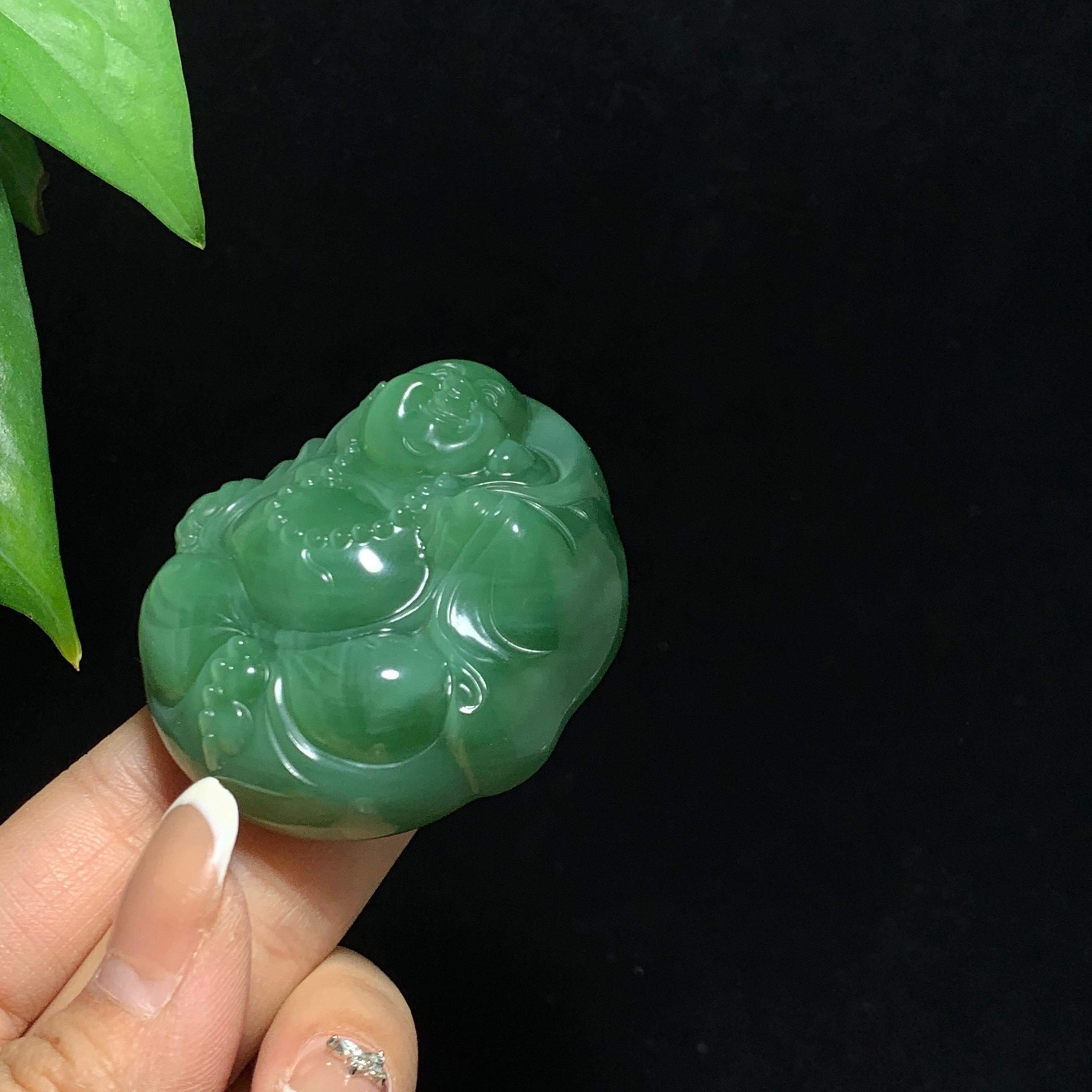 和田山料碧玉粉青猫眼佛公挂件（78.5g）