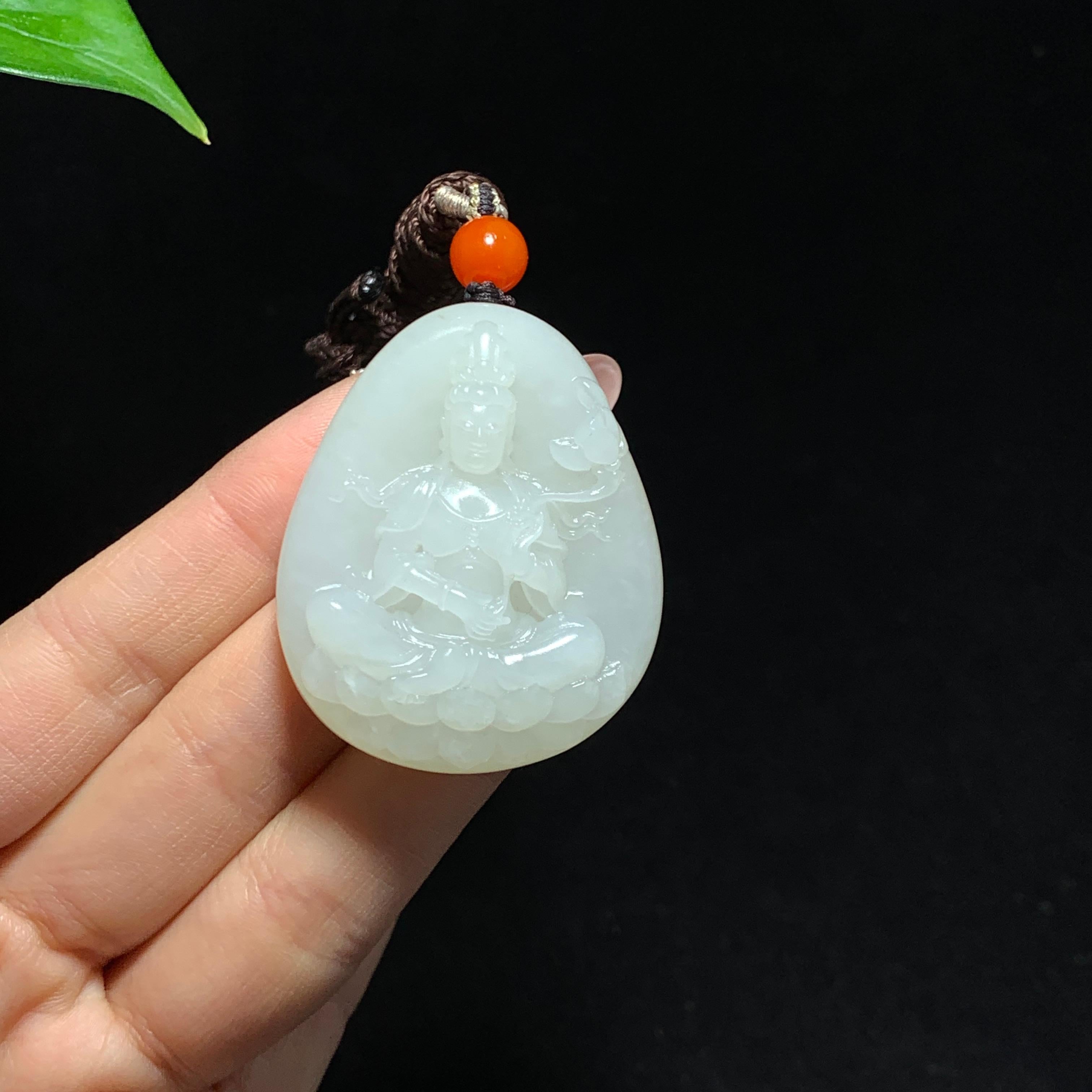 和田籽料洒金皮白玉观音挂件（47.5g）