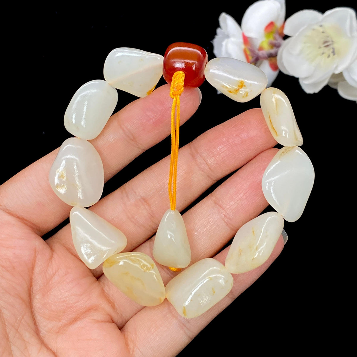 和田玉白玉带黄皮籽料【精品手串】（45.5g）