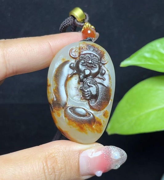 新疆和田玉黑红皮籽料财神（39.5g）
