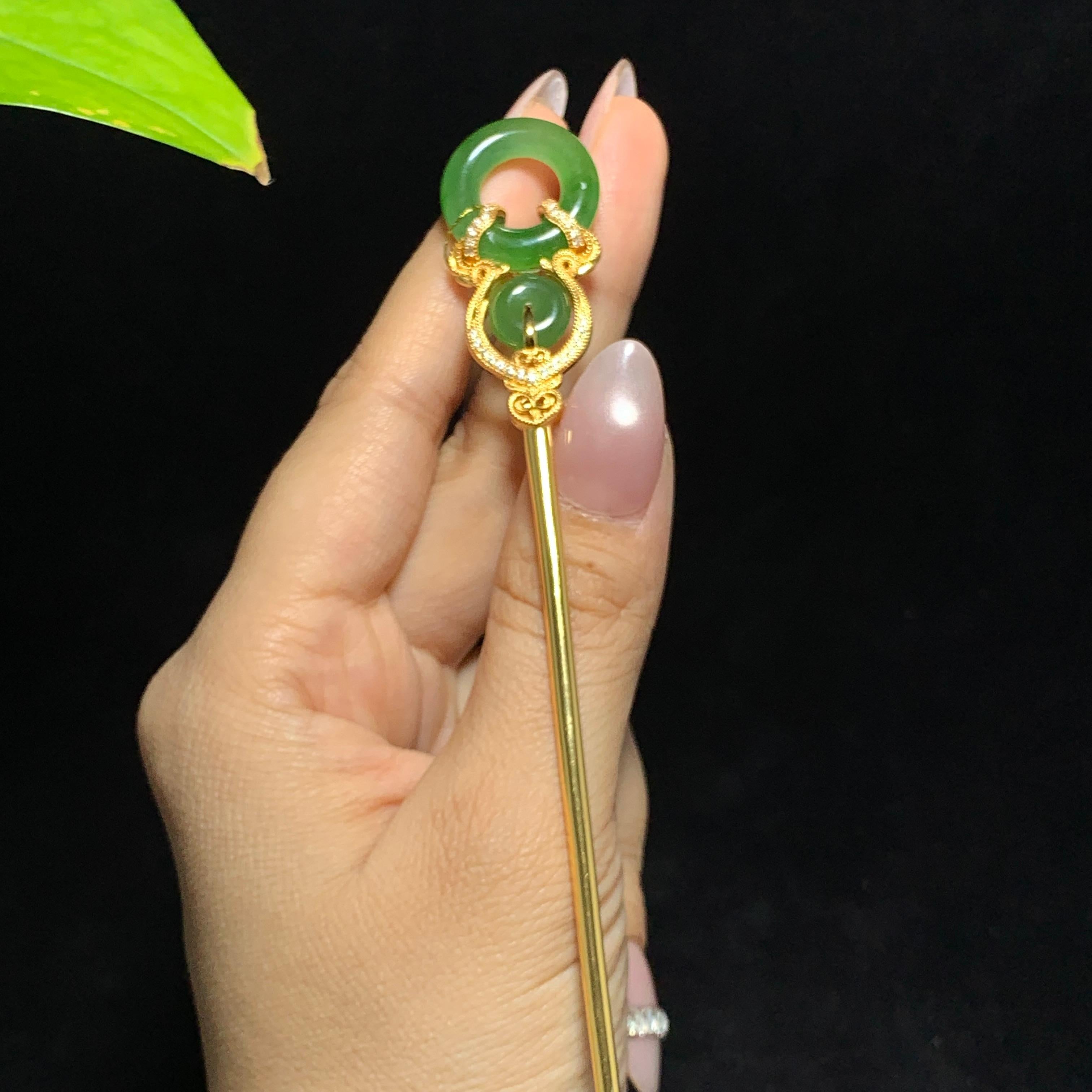 和田山料古法金镶嵌碧玉辣阳绿发簪（14.5g）