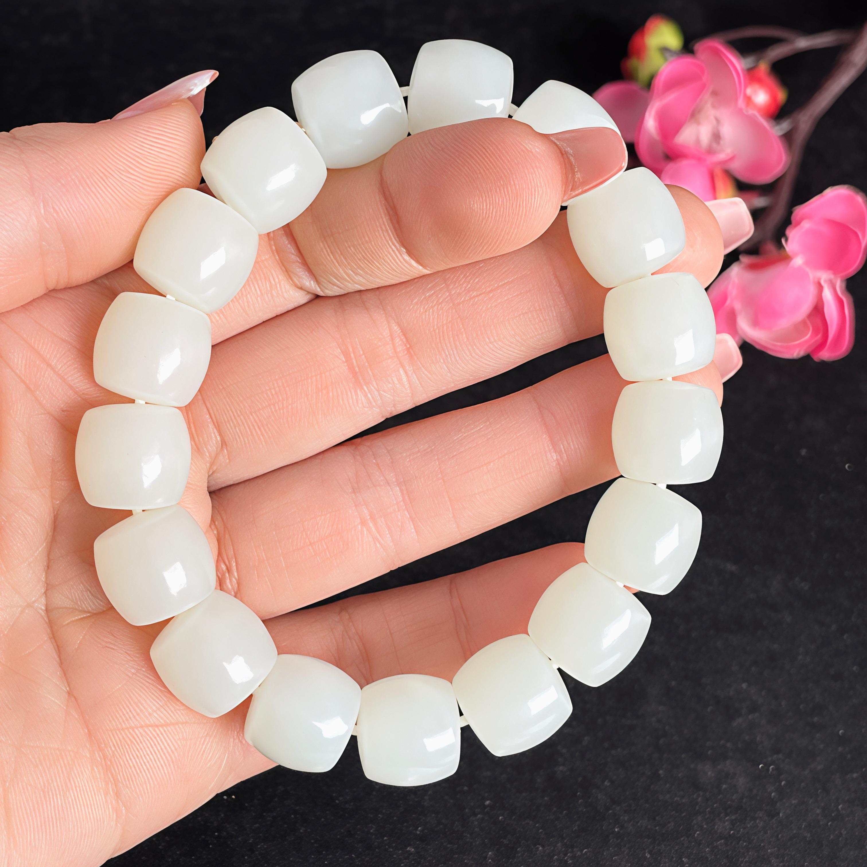 和田玉羊脂白玉直切桶珠手串（65.1g） – 厚德载玉