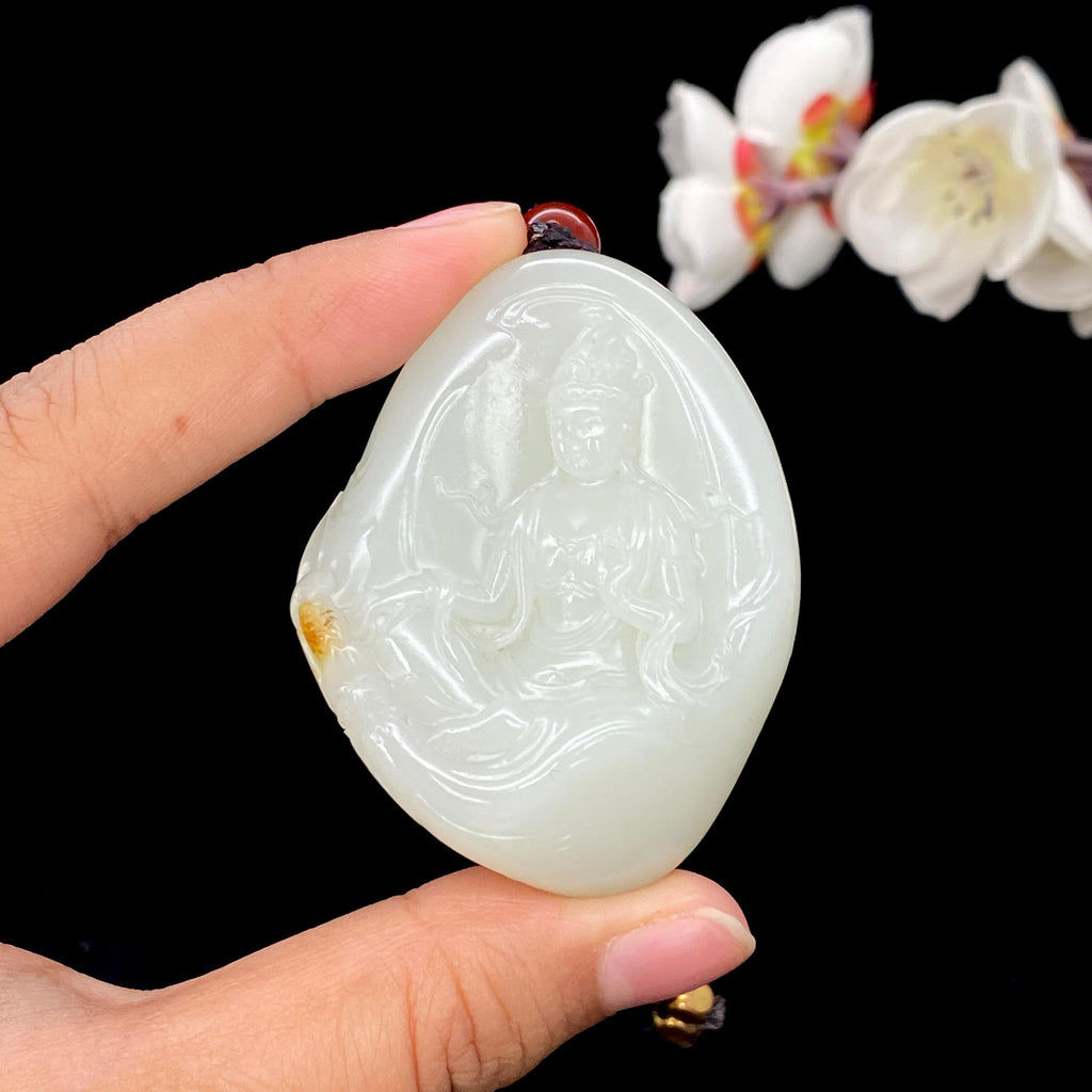 和田玉白玉籽料独籽雕刻【玉龙观音】挂件（72.3g）