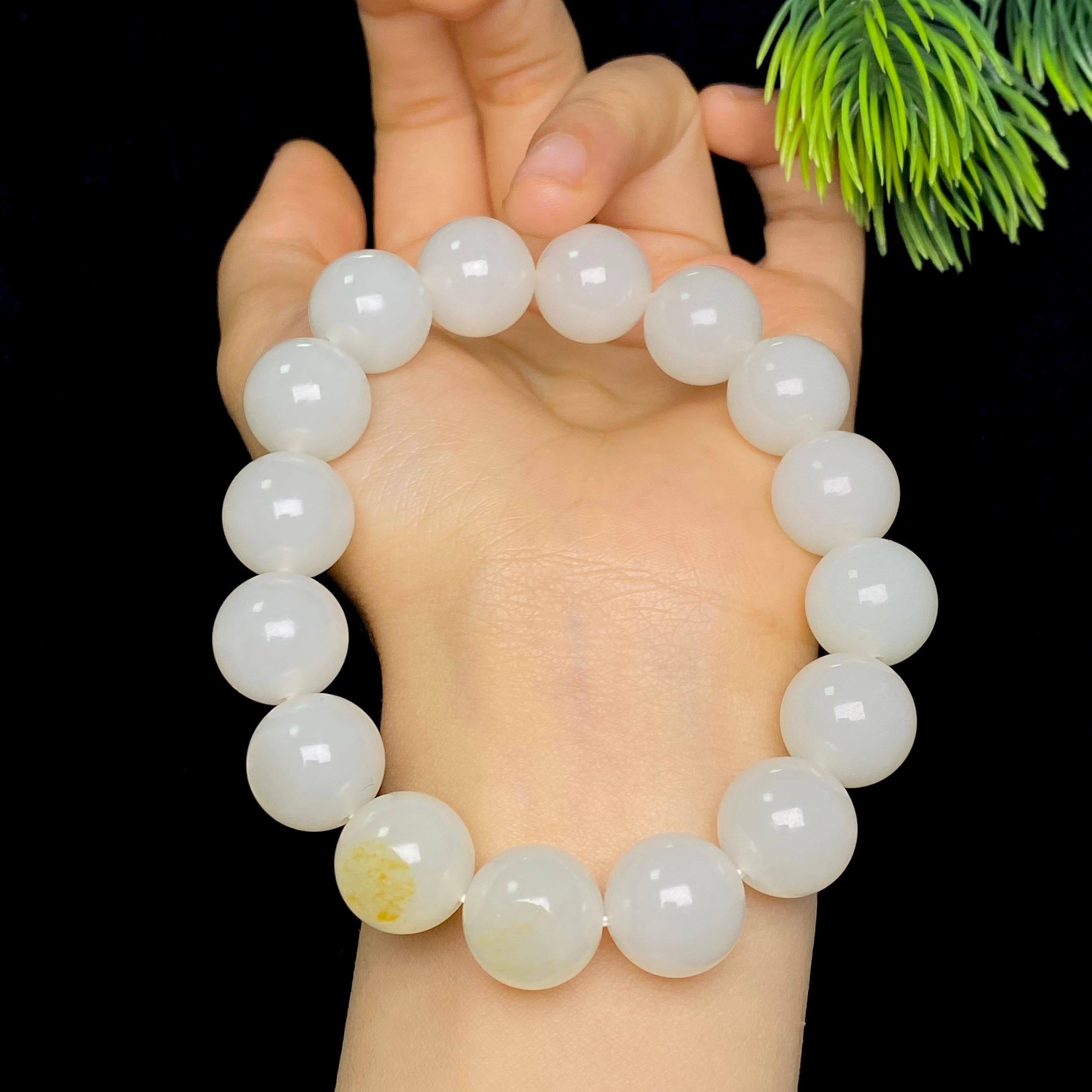 和田玉籽料白玉圆珠手串（67.0g）