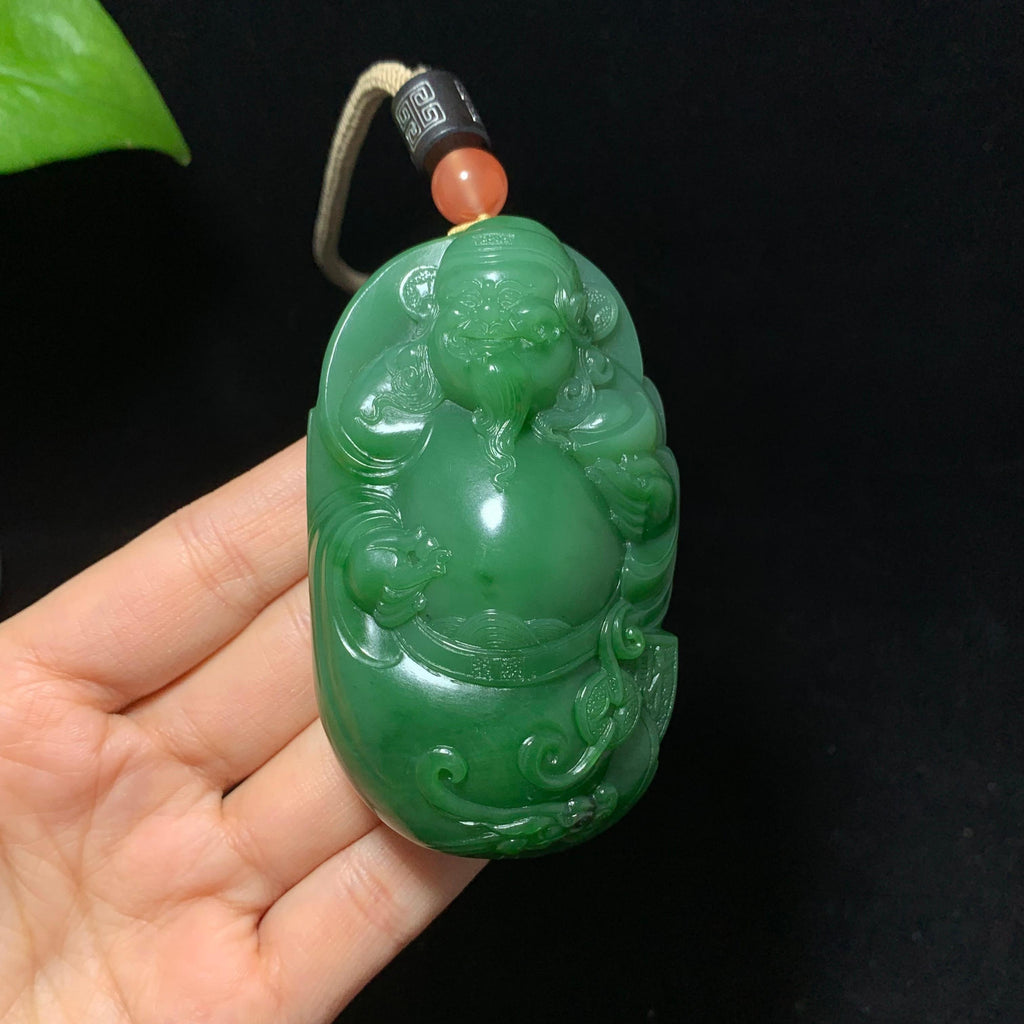 收藏级碧玉7号坑老料粉绿财神手把件（166.0g）