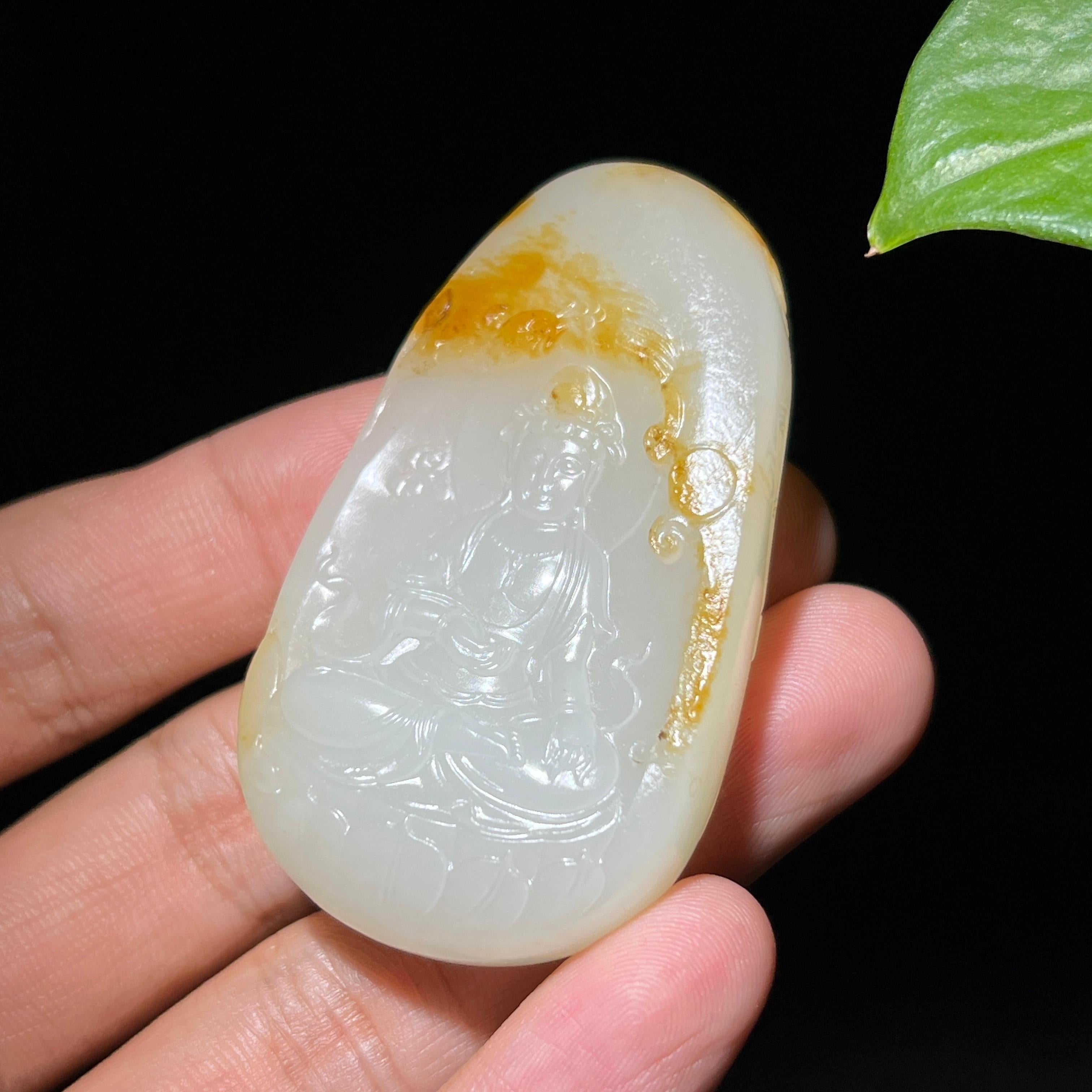 和田玉籽料洒金皮观音牌子（40.3g）