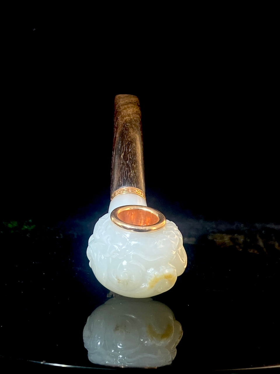 和田玉-小叶紫檀馕嵌玫瑰金烟斗（104.8g） – 厚德载玉