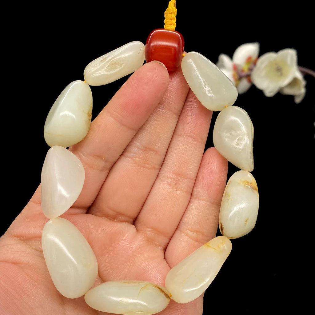 和田玉白玉带黄皮籽料【精品手串】（69.1g）