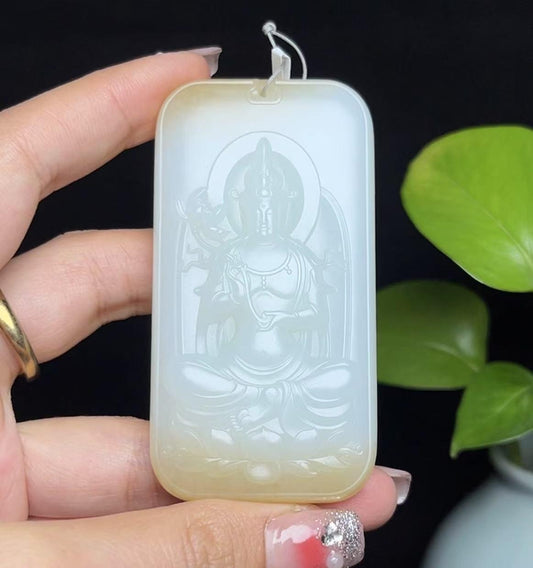 新疆和田玉精品天地糖羊脂玉大势至菩萨（84.5g）