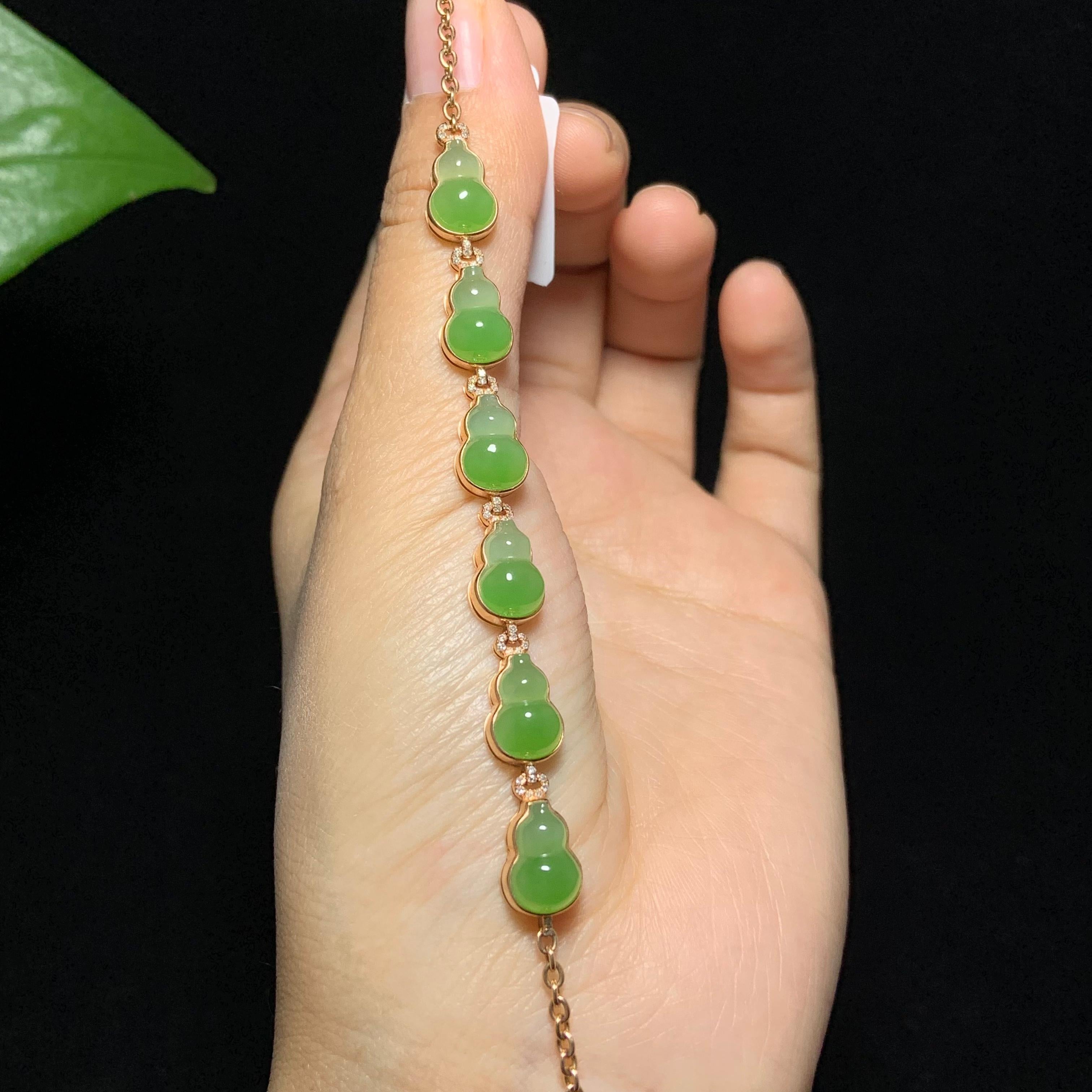 顶级18k金镶嵌碧玉苹果绿渐变色葫芦手链（7.5g）