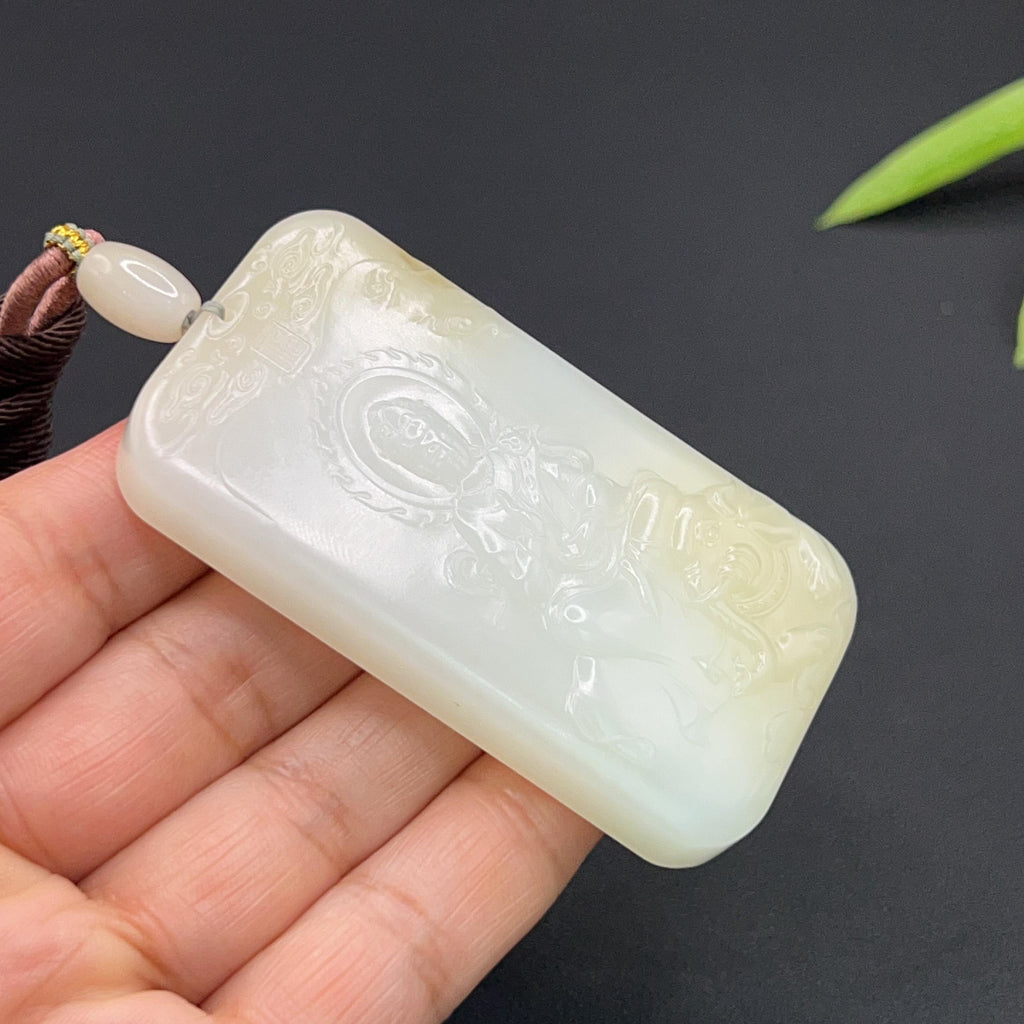 和田玉羊脂白玉普贤菩萨菩萨玉牌（74.0g）