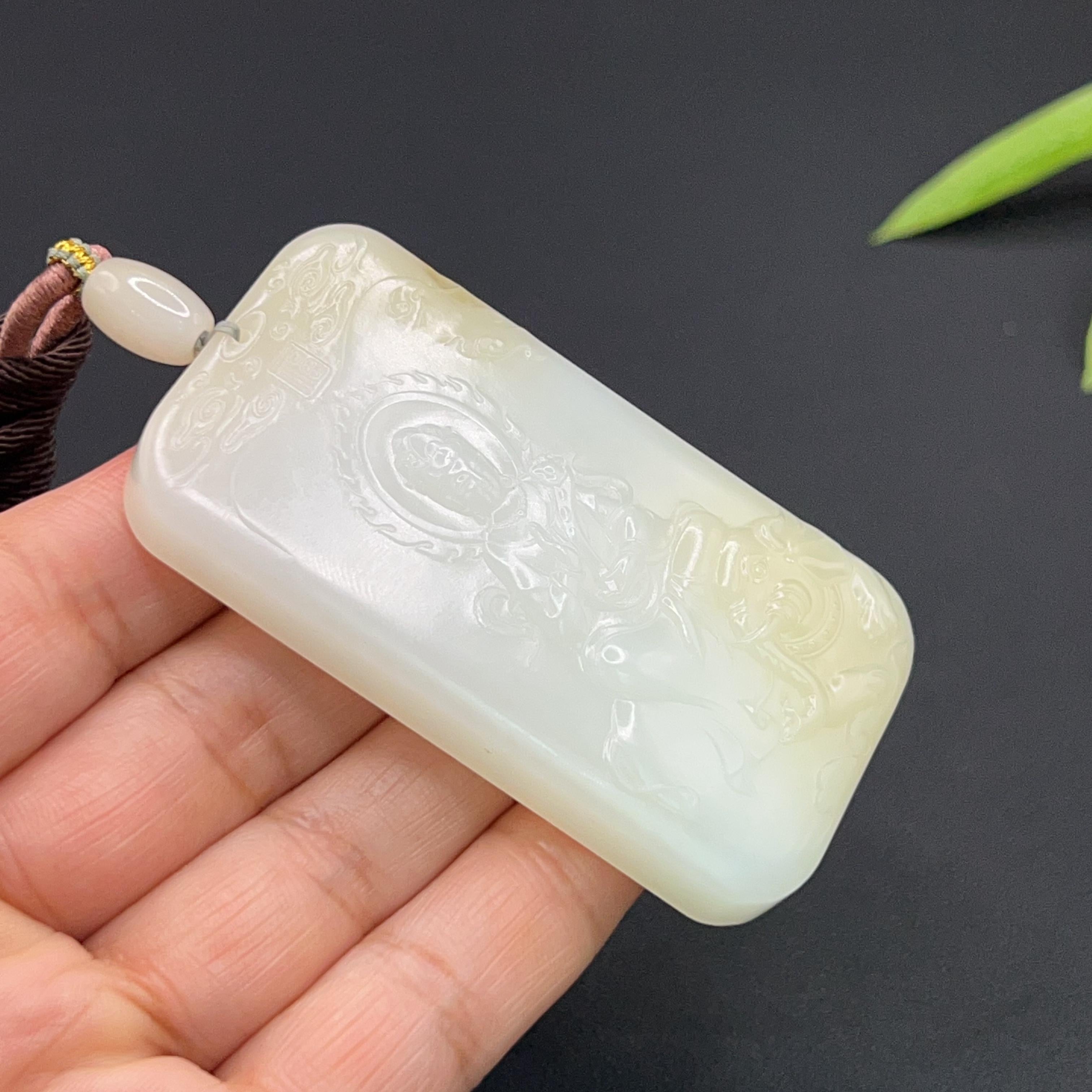 和田玉羊脂白玉普贤菩萨菩萨玉牌（74.0g）