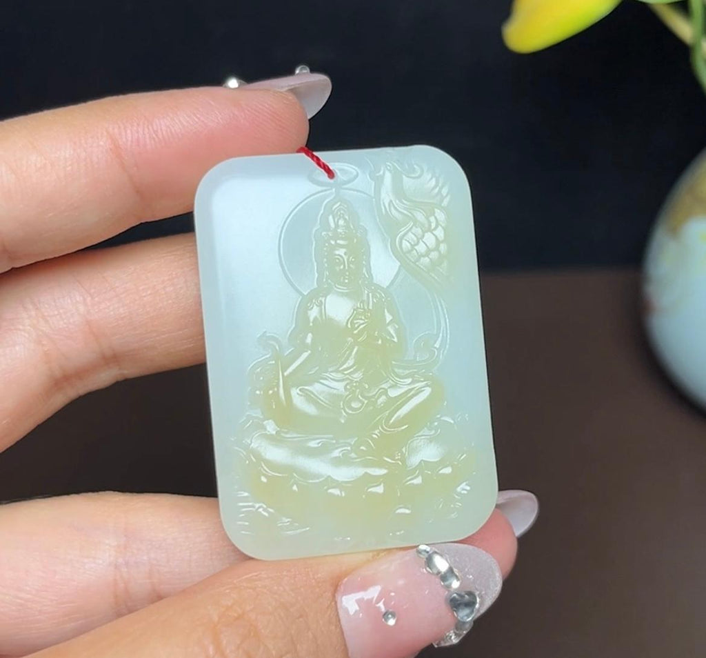 新疆和田玉且末糖白羊脂玉凤凰观音（47.7g）