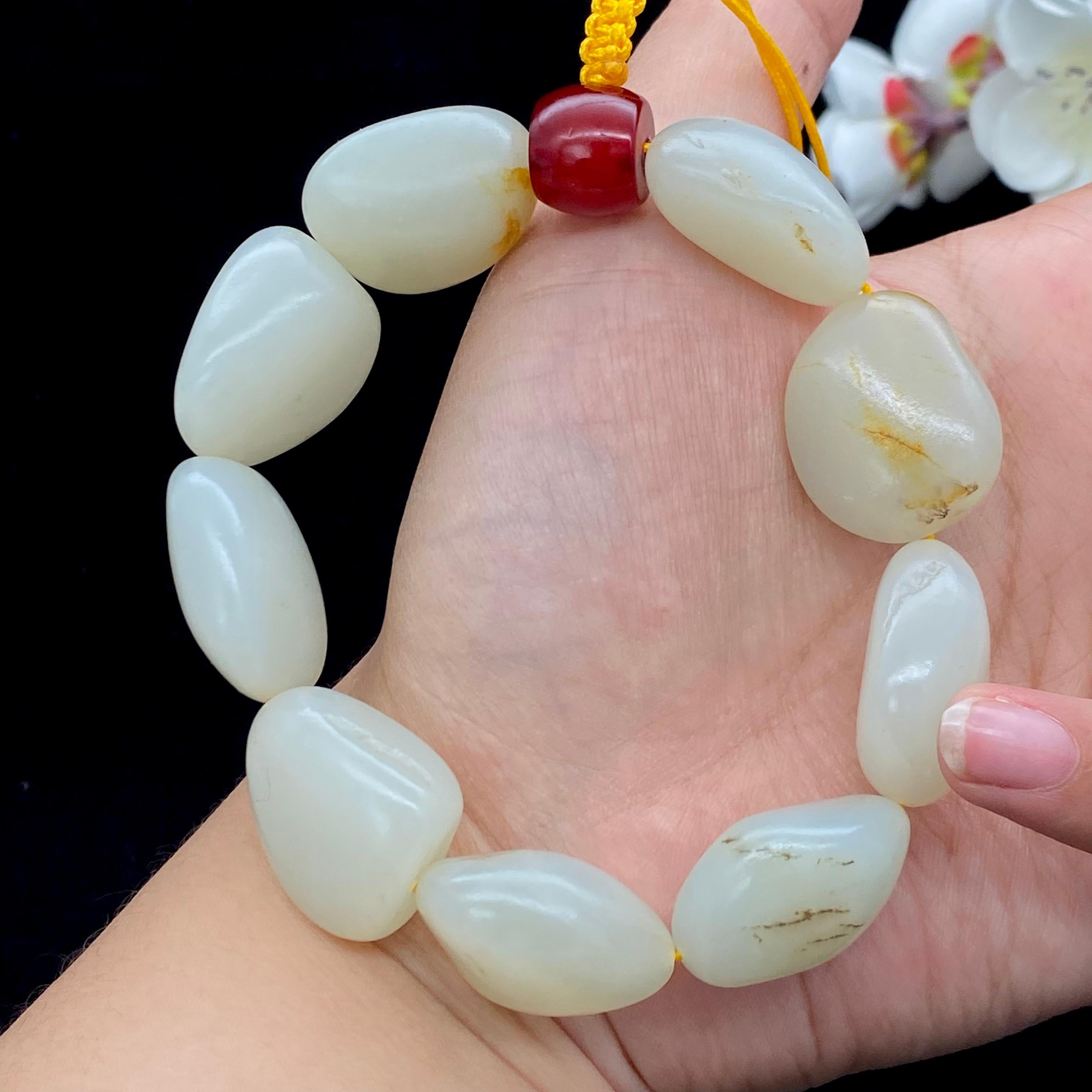 和田玉白玉带黄皮籽料【精品手串】（94.1g）