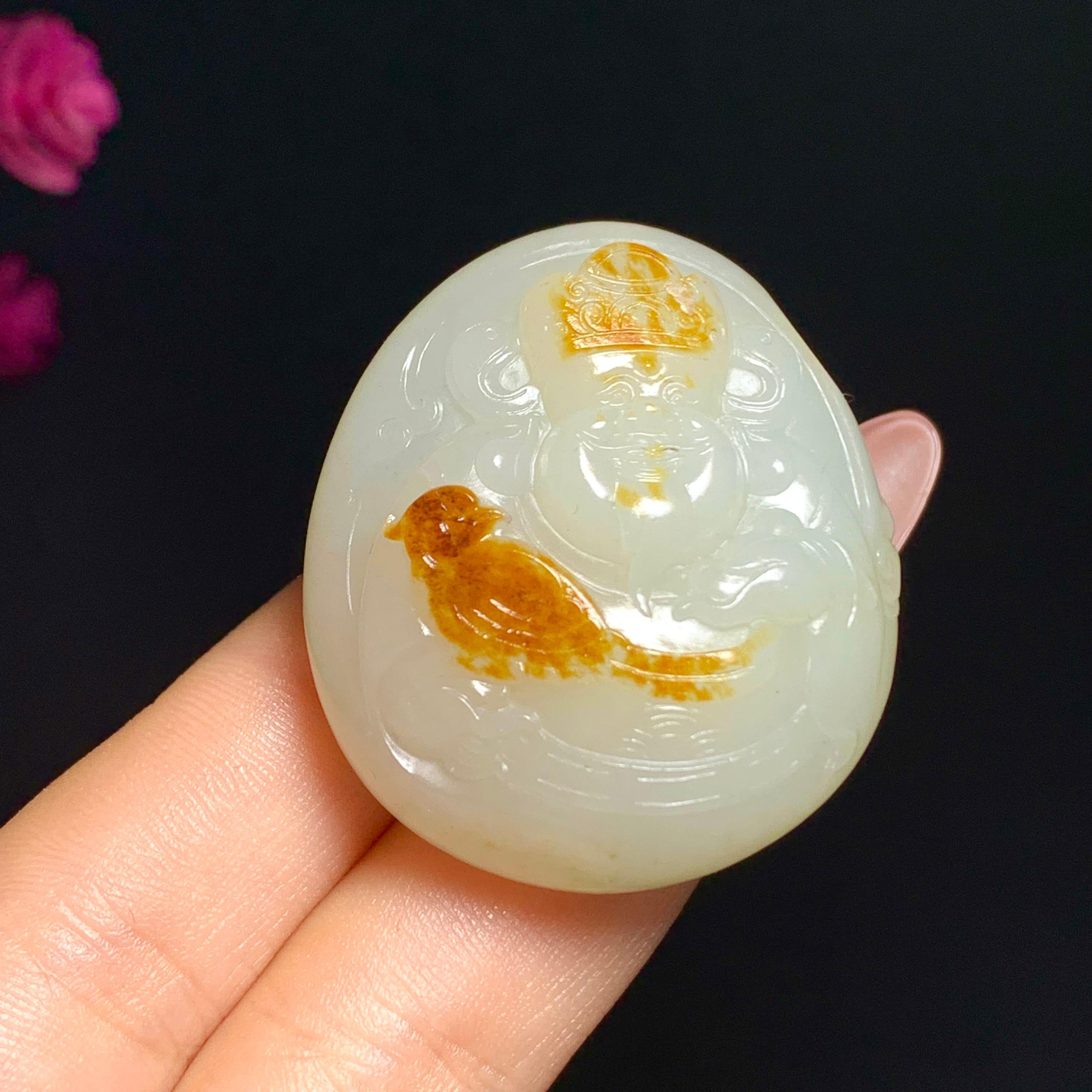 高品质新疆和田玉籽料洒金皮财神挂件（39.6g）