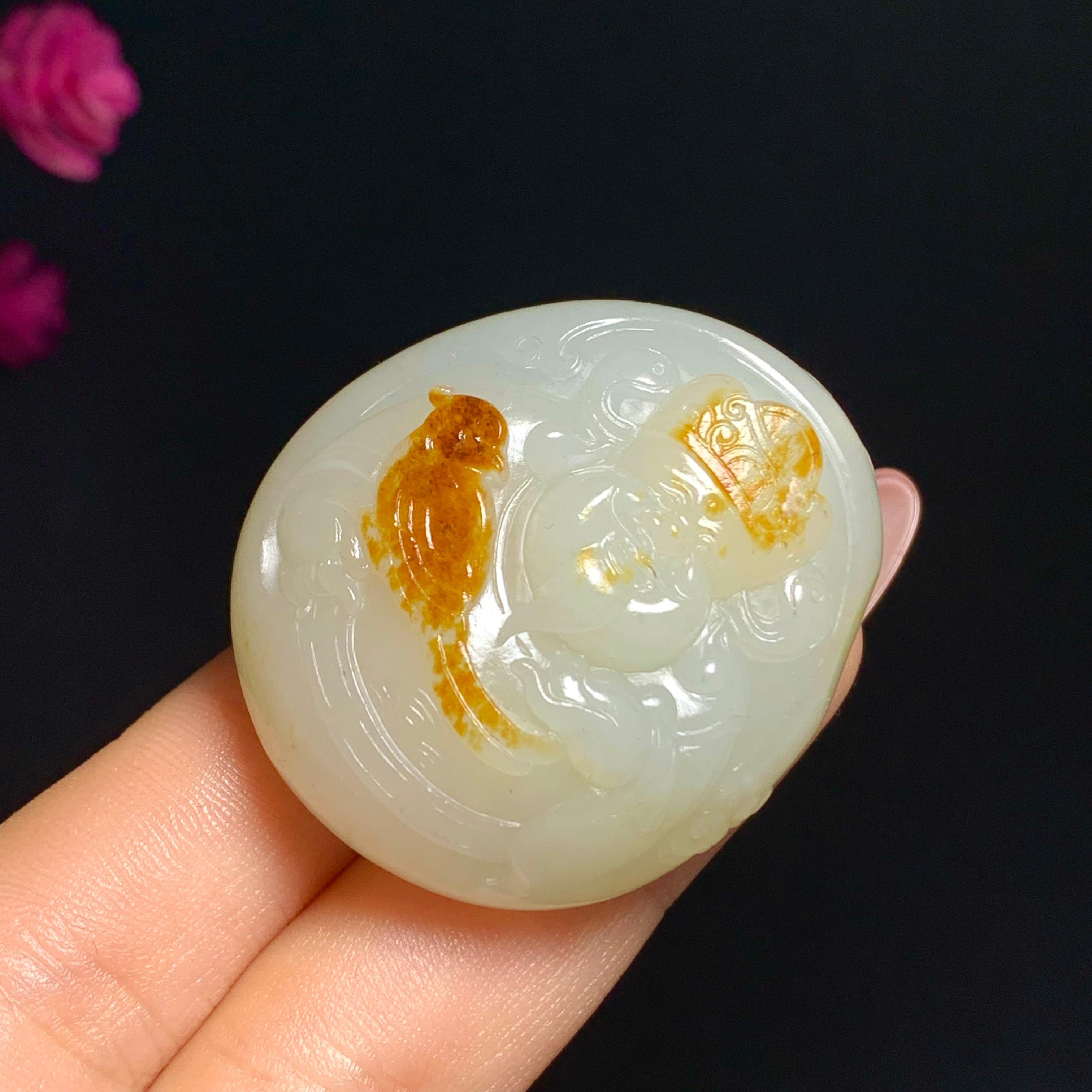 高品质新疆和田玉籽料洒金皮财神挂件（39.6g）