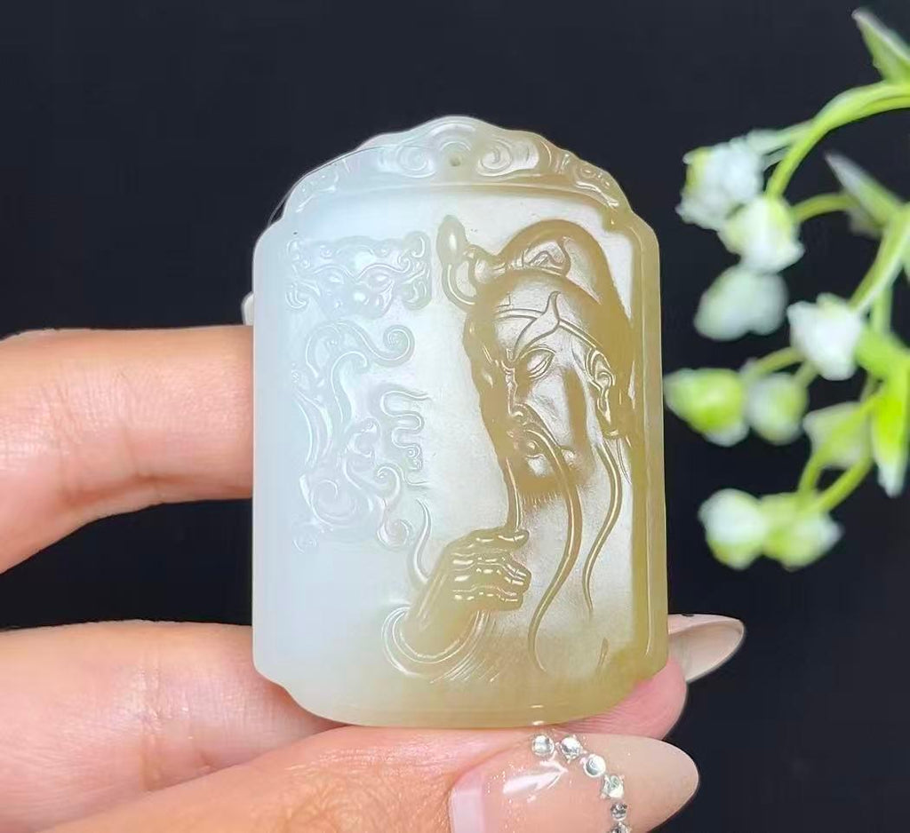 和田玉糖白羊脂白玉武财神关公山水牌（47.2g）