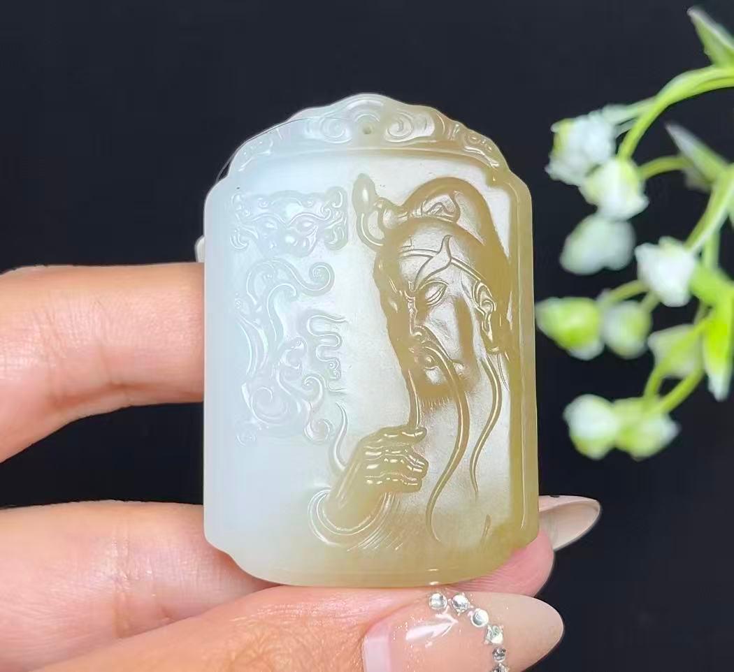和田玉糖白羊脂白玉武财神关公山水牌（47.2g）