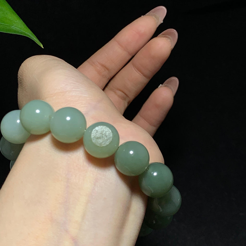 和田籽料翠青圆珠手串（64.8g）