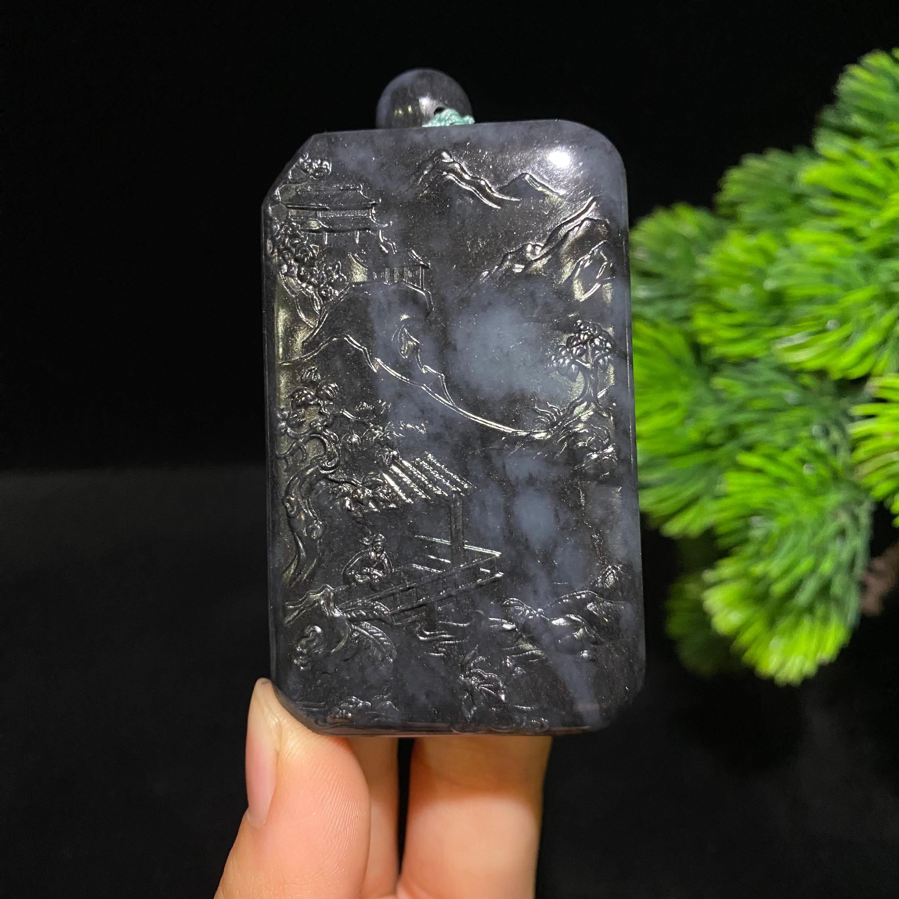 和田玉籽料青花山水牌挂件（86.3g）