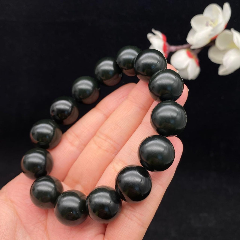 和田玉黑青籽料【圆珠手串】（74.5g）