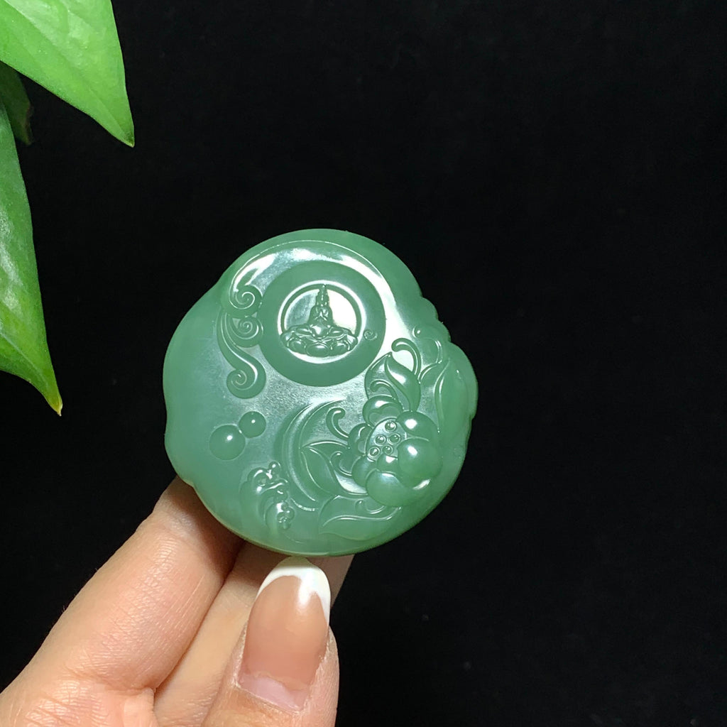 和田山料碧玉粉青猫眼佛公挂件（78.5g）